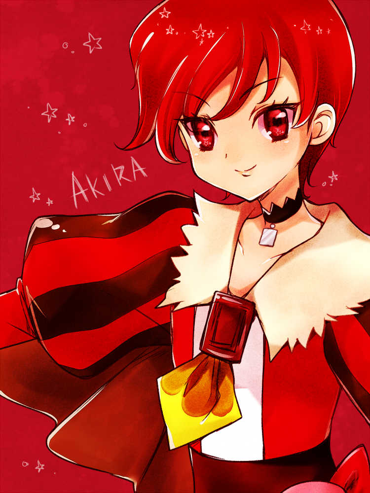 1girl character_name chocolate chocolate_bar choker cosplay cure_chocolat cure_chocolat_(cosplay) english eyelashes fur fur_trim happy juliet_sleeves kenjou_akira kirakira_precure_a_la_mode long_sleeves looking_at_viewer nene_(oneoneo13) precure puffy_sleeves red red_background red_eyes redhead short_hair smile solo