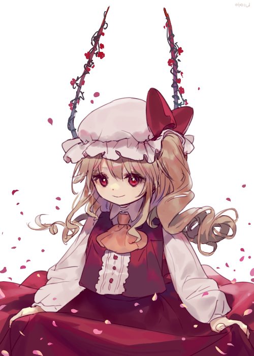 1girl ainy77 blonde_hair bow curly_hair dress flandre_scarlet flower hat hat_ribbon long_sleeves mob_cap petals red_eyes red_rose red_skirt ribbon rose shirt side_ponytail skirt smile solo touhou vest wings
