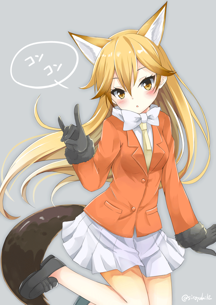 1girl :o bangs black_gloves black_shoes blazer blonde_hair blush breasts brown_eyes brown_hair ezo_red_fox_(kemono_friends) fox_shadow_puppet gesture gloves gradient_hair grey_background grey_skirt hair_between_eyes jacket kemono_friends leg_up loafers long_hair looking_at_viewer multicolored_hair no_socks open_mouth pleated_skirt shirt shoes simple_background siroyuki skirt small_breasts solo speech_bubble tail twitter_username white_shirt