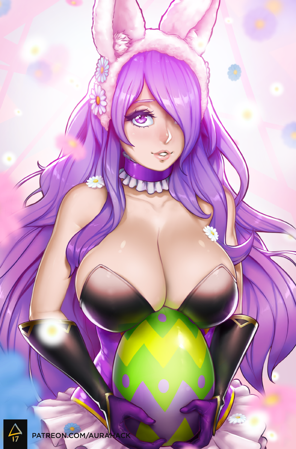 1girl alternate_costume animal_ears black_gloves breast_rest breasts camilla_(fire_emblem_if) choker cleavage easter_egg egg erica_june_lahaie fake_animal_ears fire_emblem fire_emblem_heroes fire_emblem_if flower frilled_choker frills gloves hair_over_one_eye highres holding huge_breasts lips long_hair parted_lips purple_hair rabbit_ears shiny shiny_clothes shiny_skin skindentation smile solo upper_body violet_eyes