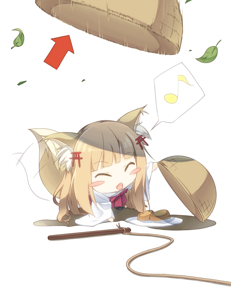 1girl :d ^_^ animal_ears bangs blonde_hair blunt_bangs blush_stickers chibi closed_eyes commentary_request da-mii directional_arrow drop_trap food fox_ears fox_tail happy leaf long_hair musical_note open_mouth oshiro_project plate rope senko_(oshiro_project) simple_background smile solo spoken_musical_note stick tail tail_wagging tofu torii_hair_ornament white_background