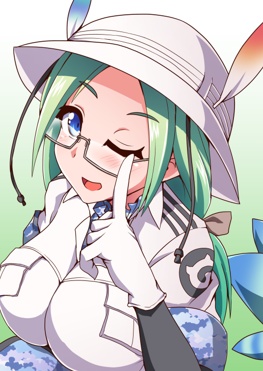 blue_eyes breast_pocket breasts bucket_hat camouflage camouflage_bag collar eyebrows_visible_through_hair glasses gloves green_hair hair_ornament hair_ribbon hat hat_feather ikue_fuuji kemono_friends large_breasts long_hair looking_at_viewer lucky_beast_(kemono_friends) mirai_(kemono_friends) one_eye_closed pocket ribbon safari_jacket semi-rimless_glasses short_over_long_sleeves