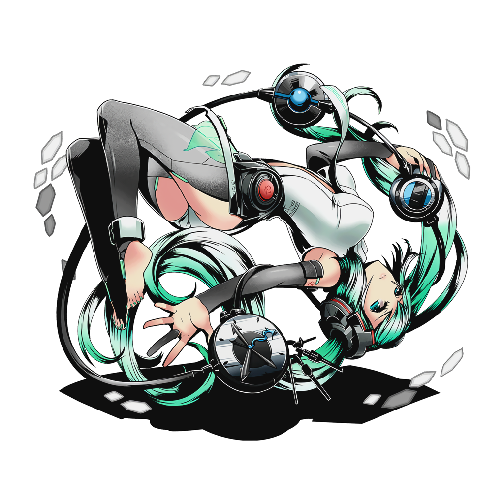 1girl barefoot black_legwear blue_nails breasts detached_sleeves divine_gate feet floating_hair floating_necktie full_body green_eyes green_hair hair_ornament hatsune_miku holding leotard long_hair medium_breasts miku_append nail_polish outstretched_arm shadow solo toenail_polish toes transparent_background twintails ucmm very_long_hair vocaloid vocaloid_append white_leotard