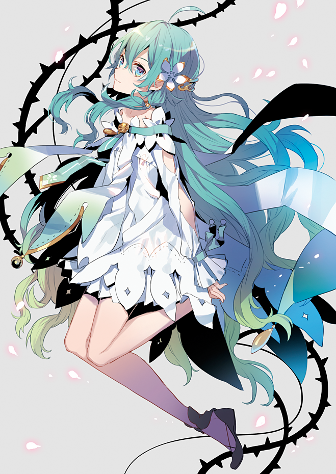 1girl ahoge aqua_hair bangs bare_shoulders black_shoes closed_mouth dress eihi flats floating_hair from_side full_body gradient_hair green_hair grey_background hair_between_eyes hair_ornament leg_up light_smile long_hair long_legs long_sleeves looking_at_viewer multicolored_hair original petals plant shoes simple_background solo very_long_hair vines wavy_hair white_dress