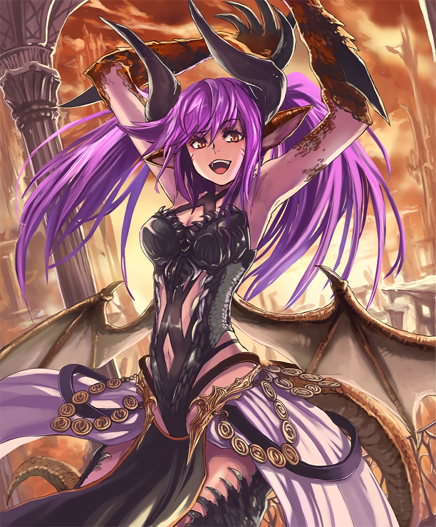 1girl :d arms_up artist_request dragon_girl dragon_horns dragon_tail dragon_wings dragonewt_princess eyebrows_visible_through_hair horns loincloth navel official_art open_mouth orange_eyes pointy_ears purple_hair railing raised_eyebrow ruins scales shadowverse smile spikes tail teeth twintails wings