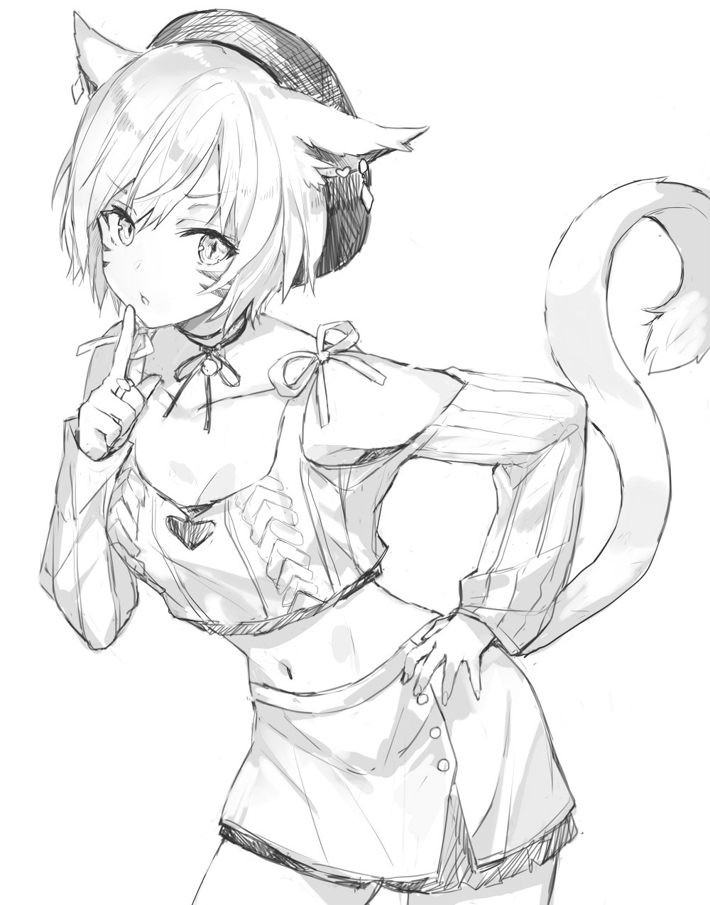 1girl animal_ears arm_up armpits bangs bare_shoulders breasts buttons cat_ears cat_girl cat_tail chestnut_mouth cleavage cleavage_cutout collarbone contrapposto cowboy_shot crop_top ear_piercing facial_mark final_fantasy final_fantasy_xiv finger_to_mouth furrowed_eyebrows greyscale groin hand_on_hip hat heart_cutout highres index_finger_raised jewelry layered_clothing layered_skirt leaning_forward legs_apart long_sleeves looking_at_viewer miqo'te momoko_(momopoco) monochrome navel neck_ribbon off_shoulder open_mouth parted_bangs piercing pleated_skirt ribbed_sweater ribbon ring short_hair shushing side_slit simple_background sketch skirt sleeves_past_wrists slit_pupils solo standing stomach sweater tail thighs work_in_progress