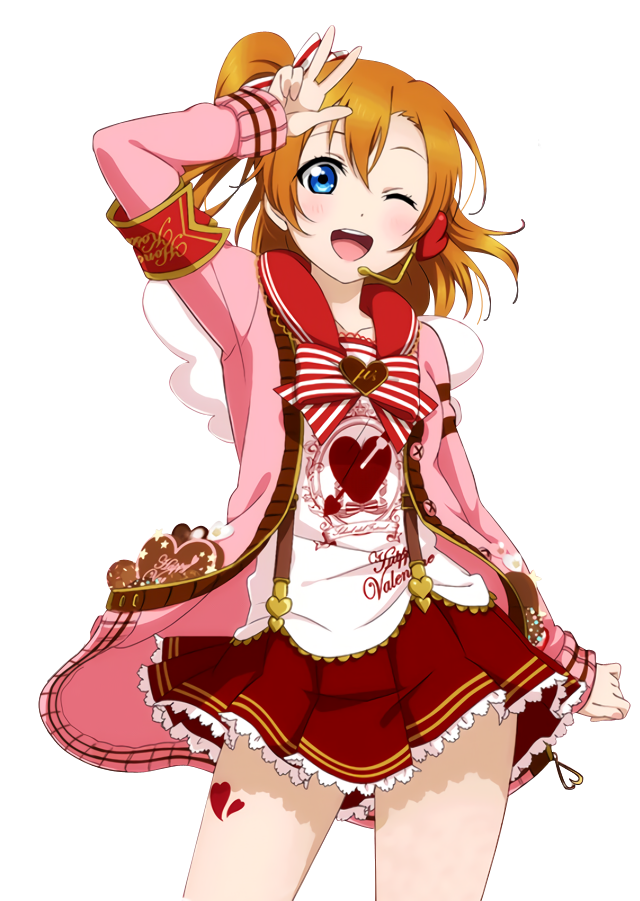 1girl ;d arm_up blue_eyes cowboy_shot hair_between_eyes hair_ornament happy_valentine heart heart_hair_ornament kousaka_honoka looking_at_viewer love_live! love_live!_school_idol_project one_eye_closed open_mouth orange_hair pink_jacket pleated_skirt red_skirt shirt short_hair side_ponytail skirt smile solo standing suspender_skirt suspenders transparent_background w white_shirt