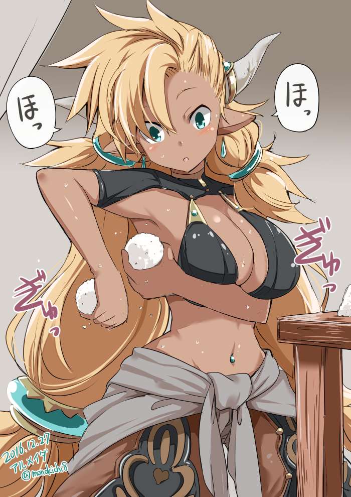 1girl almeida_(granblue_fantasy) asymmetrical_bangs baggy_pants bangs blonde_hair blush breasts brown_pants cleavage commentary dark_skin doraf earrings food granblue_fantasy hair_ornament holding holding_food horns jewelry kichihachi large_breasts long_hair looking_down navel onigiri pants parted_lips pointy_ears solo speech_bubble sweat table very_long_hair washing