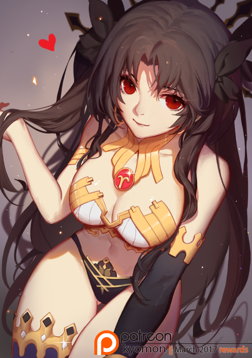 1girl 2017 armlet armor artist_name bangs bare_shoulders bikini_armor black_bow black_legwear blurry bow breasts brown_hair cleavage closed_mouth collarbone cowboy_shot depth_of_field detached_collar earrings fate/grand_order fate_(series) glint grey_background hair_bow heart holding holding_hair hoop_earrings invisible_chair ishtar_(fate/grand_order) jewelry large_breasts long_hair looking_at_viewer navel parted_bangs patreon_logo red_eyes simple_background single_thighhigh sitting smile solo songjikyo stomach strapless strapless_bikini thigh-highs thigh_gap tohsaka_rin two_side_up very_long_hair