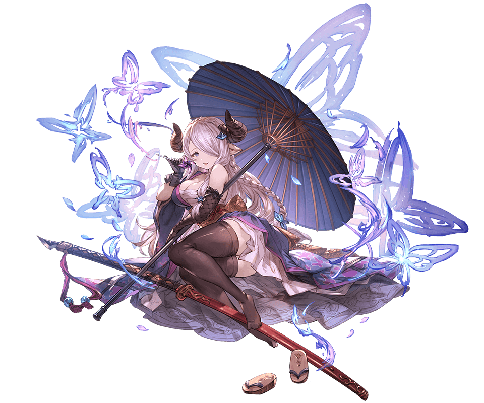 1girl animal_ears black_legwear blue_eyes braid butterfly elbow_gloves gloves granblue_fantasy hair_ornament hair_over_one_eye horns japanese_clothes long_hair looking_at_viewer lying minaba_hideo narumeia_(granblue_fantasy) obi official_art on_side pink_hair pinwheel pointy_ears sash single_braid smile sword thigh-highs transparent_background umbrella weapon zettai_ryouiki