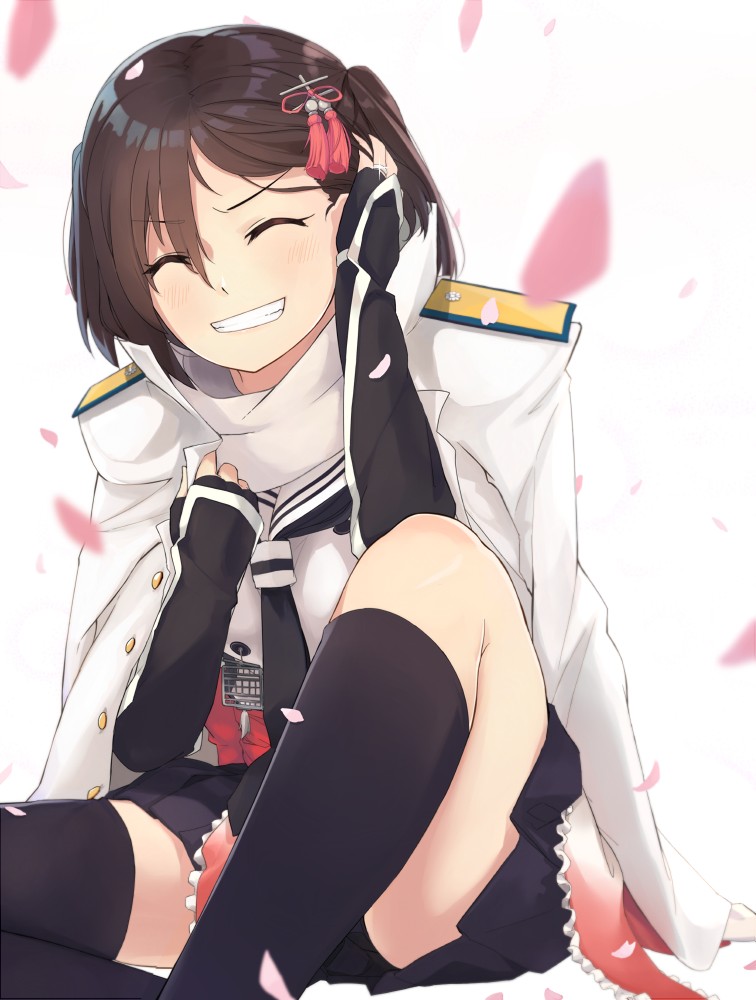 adjusting_hair artist_request blush brown_hair cherry_blossoms closed_eyes grin hair_ornament indian_style jacket_on_shoulders kantai_collection military military_uniform naval_uniform scarf school_uniform sendai_(kantai_collection) serafuku short_hair sitting skirt smile two_side_up uniform
