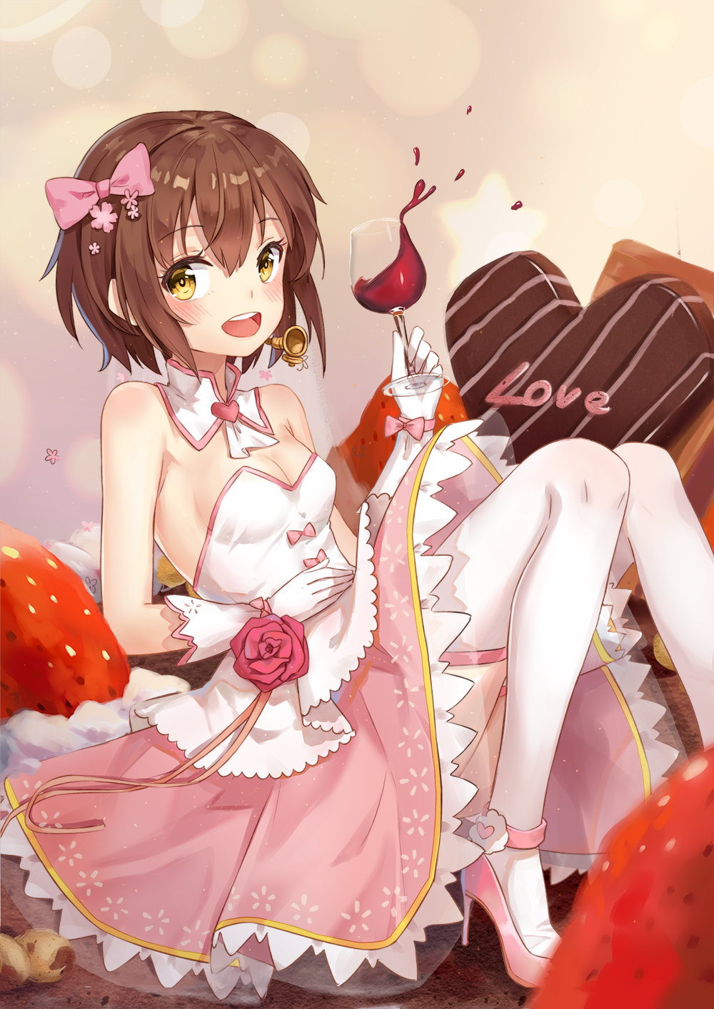 1girl alternate_costume breasts brown_eyes brown_hair cake chocolate chocolate_cake chocolate_heart cleavage cup dress drinking_glass food fruit gloves hair_ribbon headset heart high_heels highres kantai_collection open_mouth ribbon short_hair small_breasts smile solo speaking_tube_headset strawberry thigh-highs white_gloves white_legwear yuhuan yukikaze_(kantai_collection)