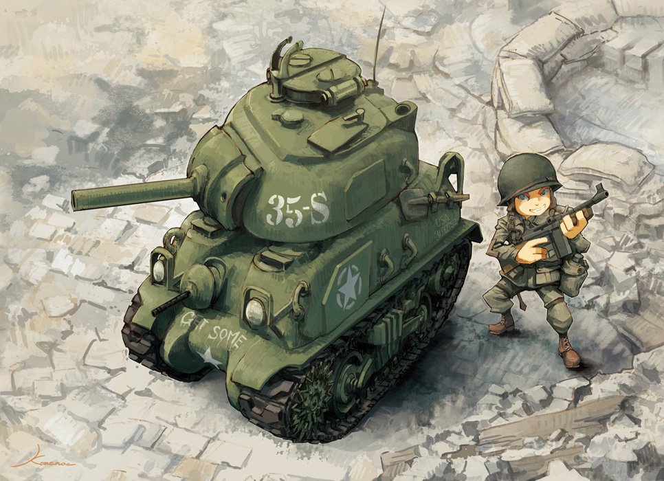 1boy cannon commentary_request from_above grin ground_vehicle helmet kome m4_sherman military military_vehicle motor_vehicle shovel smile soldier tank turret weapon worktool world_war_toons