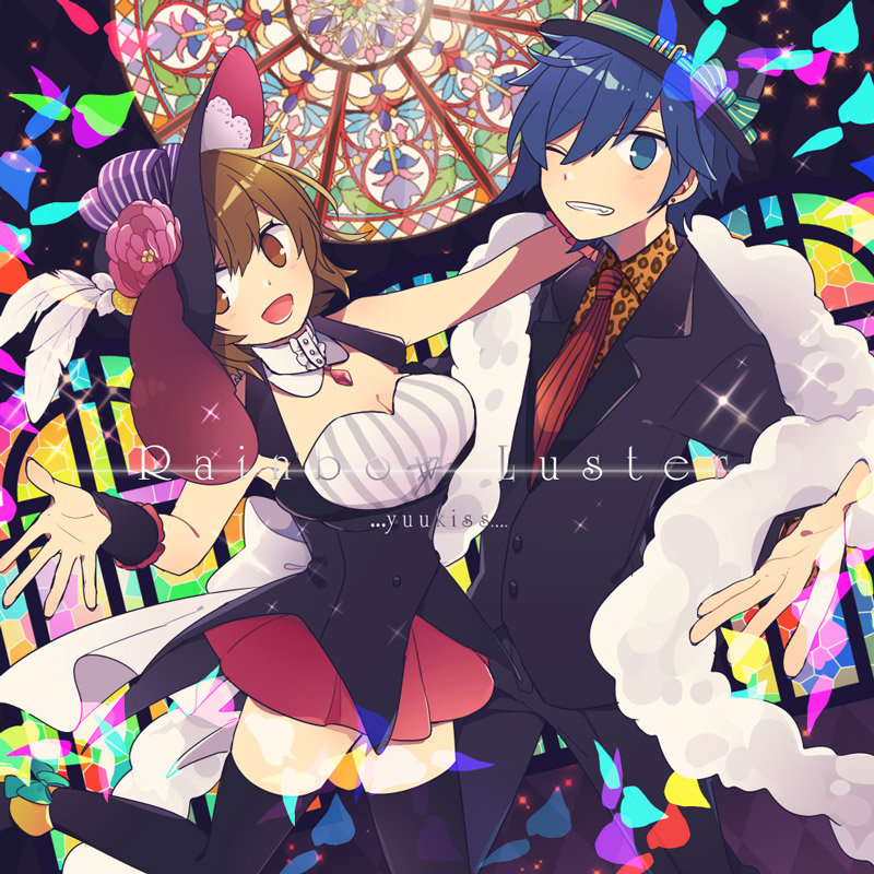 1boy 1girl blue_eyes blue_hair breasts brown_eyes brown_hair cleavage earrings feather_boa flower formal hat jewelry kaito large_breasts meiko necktie one_eye_closed open_mouth producer short_hair skirt sleeveless smile song_name sparkle stained_glass suit text thigh-highs vocaloid waistcoat yoshiki