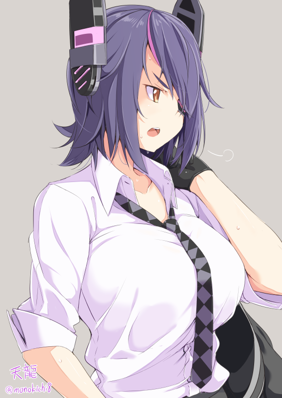 1girl black_gloves breasts buttons checkered checkered_necktie collarbone eyepatch fingerless_gloves gloves grey_background headgear jacket jacket_removed kantai_collection kichihachi large_breasts necktie open_mouth partly_fingerless_gloves purple_hair short_hair simple_background solo tenryuu_(kantai_collection) twitter_username upper_body yellow_eyes