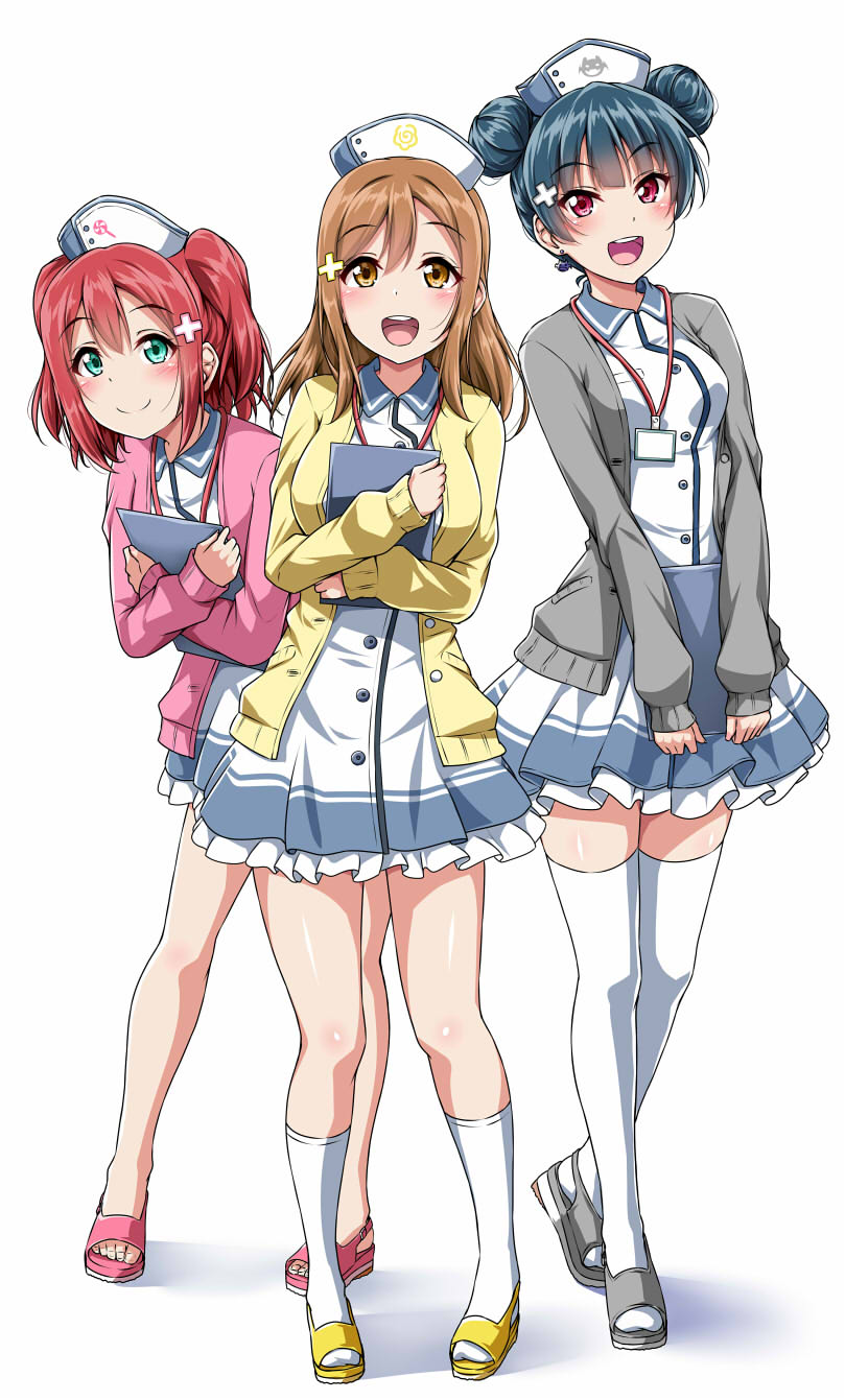 3girls :d alternate_hairstyle aqua_eyes bangs bat_earrings black_hair blush brown_eyes brown_hair cardigan clipboard collared_dress commentary_request double_bun dress full_body grey_sweater hair_ornament hair_up hat highres holding kunikida_hanamaru kurosawa_ruby lanyard leaning_forward long_hair long_sleeves looking_at_viewer love_live! love_live!_sunshine!! multiple_girls no_legwear nurse nurse_cap open_mouth pigeon-toed pink_sweater redhead sandals simple_background slippers smile socks standing sweater thigh-highs toes tsushima_yoshiko two_side_up violet_eyes walking white_background white_legwear x_hair_ornament yellow_sweater yopparai_oni