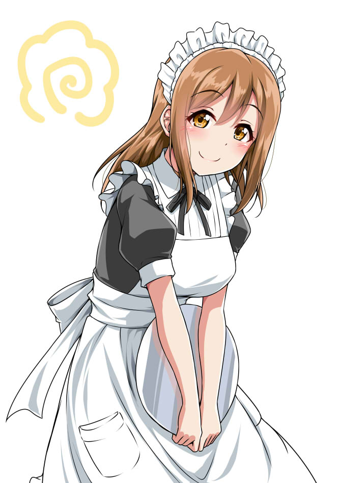 1girl alternate_costume apron bangs black_ribbon blush brown_eyes brown_hair commentary_request enmaided frilled_apron frills holding holding_tray kunikida_hanamaru leaning_forward long_hair looking_at_viewer love_live! love_live!_sunshine!! maid maid_apron maid_headdress neck_ribbon ribbon short_sleeves simple_background smile solo tray white_background yopparai_oni