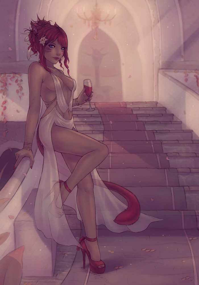 1girl animal_ears bare_shoulders blue_eyes breasts cat_ears cat_tail cleavage cup drinking_glass facial_mark final_fantasy final_fantasy_xiv holding_glass looking_at_viewer miqo'te nail_polish navel redhead short_hair slit_pupils solo soranamae tail