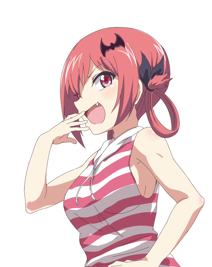 &gt;:d 1girl :d armpit_peek bat_hair_ornament breasts fang gabriel_dropout hair_ornament hair_rings hand_to_own_mouth kurumizawa_satanichia_mcdowell laughing looking_at_viewer looking_down medium_breasts open_mouth red_eyes redhead shirt sideboob sleeveless smile solo striped striped_shirt trg_(pixiv) upper_body white_background