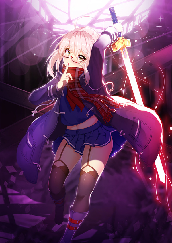1girl :o ahoge arm_up backlighting bangs belt_boots black-framed_eyewear black_legwear blonde_hair blue_skirt blush boots coat commentary_request duffel_coat eyebrows_visible_through_hair fate/grand_order fate_(series) finger_to_mouth fringe garter_straps glasses glowing glowing_sword glowing_weapon hair_between_eyes hand_up heroine_x heroine_x_(alter) holding holding_sword holding_weapon knee_boots lens_flare light light_particles light_trail long_hair looking_at_viewer miniskirt navel open_clothes open_coat plaid plaid_scarf pleated_skirt pocket purple_boots purple_coat ratio_(ratio-d) red_scarf saber scarf school_uniform semi-rimless_glasses shiny shiny_clothes shushing skirt solo sparkle sword thigh-highs under-rim_glasses weapon wind yellow_eyes