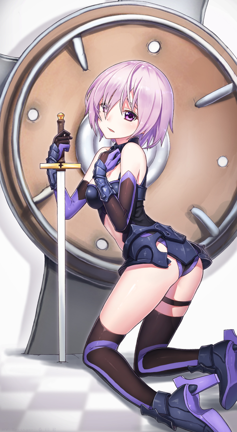 1girl armor armored_dress ass bangs black_gloves black_legwear black_leotard boots breasts checkered checkered_floor elbow_gloves eyes_visible_through_hair fate/grand_order fate_(series) from_behind gloves guangfu_bao_tong_meng0-0 hair_over_one_eye hand_on_own_chest high_heel_boots high_heels highres holding holding_sword holding_weapon kneeling leotard looking_at_viewer looking_back medium_breasts mismatched_legwear over-kneehighs parted_lips planted_sword planted_weapon purple_gloves purple_hair purple_legwear purple_leotard shield shielder_(fate/grand_order) short_hair solo sword thigh-highs thigh_strap thighs violet_eyes weapon