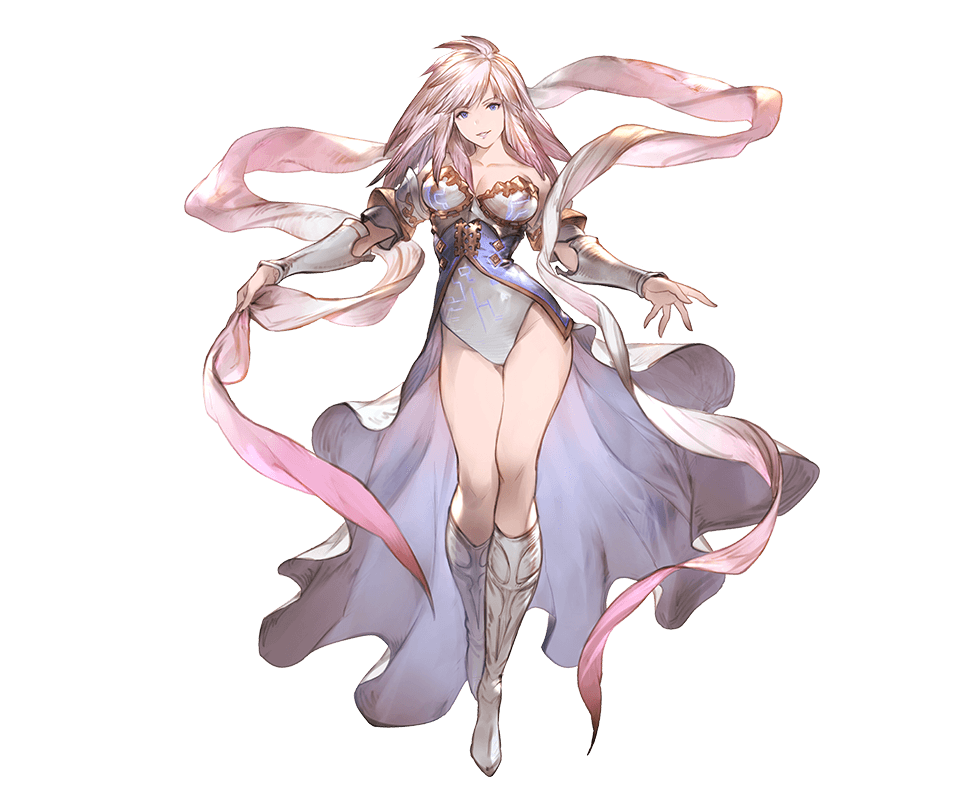 1girl bangs bare_shoulders blonde_hair blue_eyes boots breasts cleavage collarbone full_body gabriel_(granblue_fantasy) granblue_fantasy knee_boots large_breasts leotard long_hair looking_at_viewer minaba_hideo official_art overskirt smile standing transparent_background vambraces