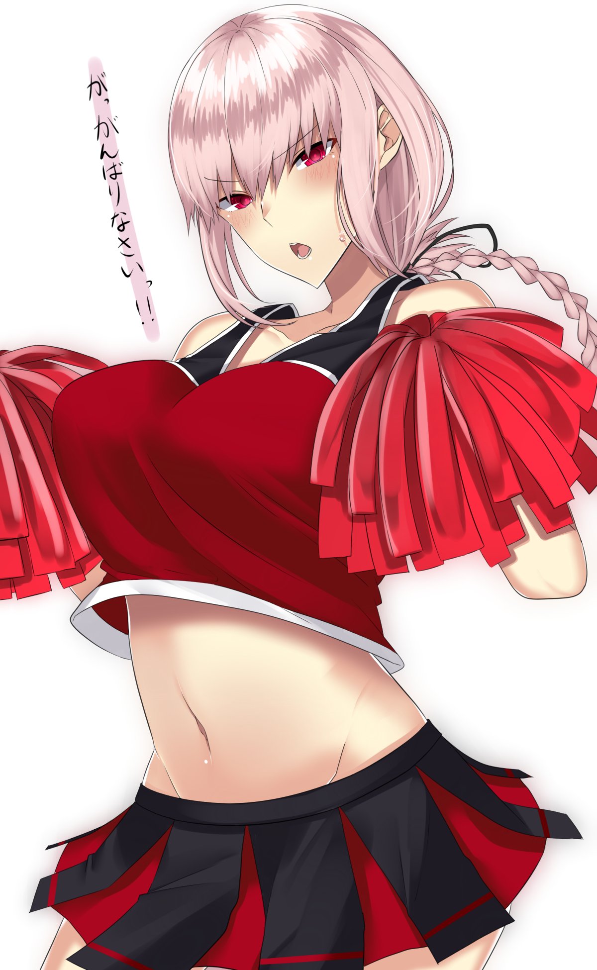 1girl bangs bare_shoulders black_ribbon blush braid breasts cheerleader collarbone commentary commentary_request cowboy_shot crop_top eyebrows_visible_through_hair fate/grand_order fate_(series) florence_nightingale_(fate/grand_order) hair_ribbon hands_up highres large_breasts long_hair looking_at_viewer midriff miniskirt navel onineko-chan open_mouth pink_hair pom_poms red_eyes ribbon sidelocks simple_background skirt sleeveless solo sweatdrop teeth translation_request white_background