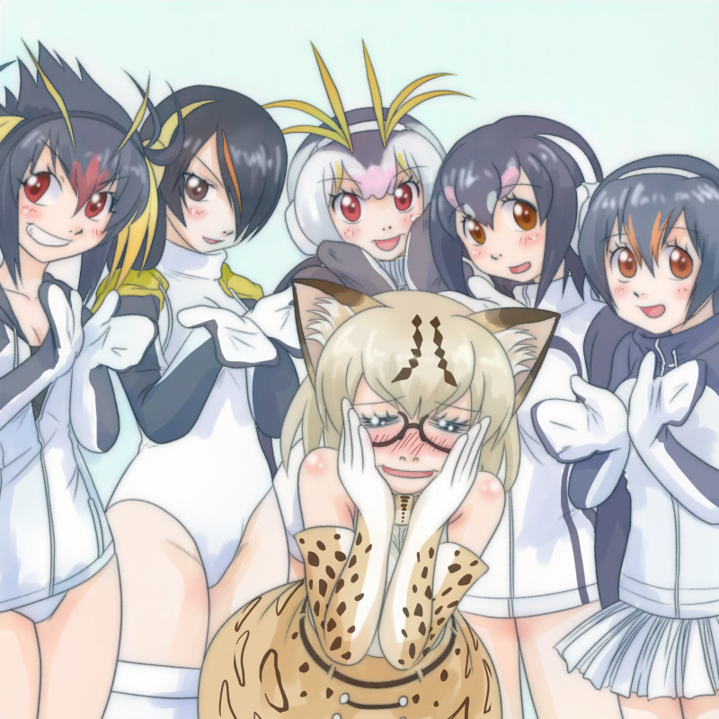 animal_ears bare_shoulders black_hair blonde_hair blush bow bowtie cat_ears cat_tail elbow_gloves emperor_penguin_(kemono_friends) gentoo_penguin_(kemono_friends) glasses gloves hair_between_eyes headphones humboldt_penguin_(kemono_friends) jacket kemono_friends long_hair looking_at_viewer margay_(kemono_friends) multicolored_hair multiple_girls open_mouth penguins_performance_project_(kemono_friends) red_eyes ringofriend rockhopper_penguin_(kemono_friends) royal_penguin_(kemono_friends) shirt short_hair skirt sleeveless smile tail thigh-highs twintails white_hair white_legwear