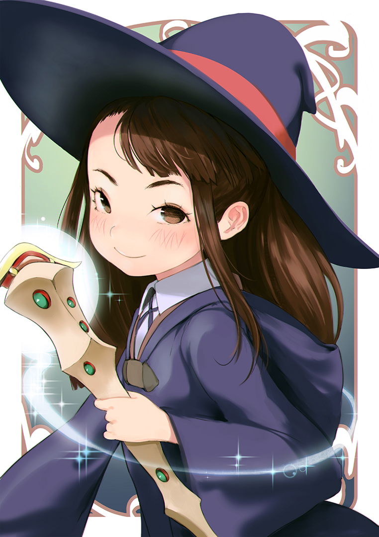 1girl alternate_eye_color asymmetrical_bangs bangs blush brown_eyes brown_hair closed_mouth hat hideousbeing holding kagari_atsuko little_witch_academia long_hair long_sleeves looking_at_viewer shirt smile solo sparkle staff wand white_shirt wide_sleeves wing_collar witch_hat