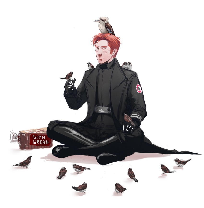 1boy bird boots bread closed_eyes coat feathered_wings food general_hux gloves male_focus orange_hair senkkei simple_background sitting solo star_wars star_wars:_the_force_awakens white_background white_eyes wings