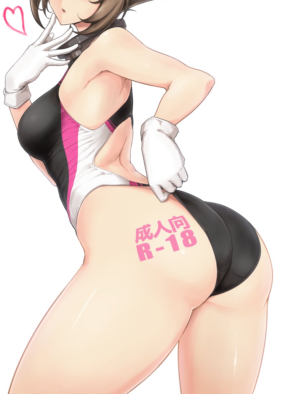 1girl adjusting_clothes adjusting_swimsuit ass breasts brown_hair collar competition_swimsuit contrapposto cowboy_shot gloves hand_to_own_mouth harukon_(halcon) head_out_of_frame highres kantai_collection leaning_forward medium_breasts mutsu_(kantai_collection) one-piece_swimsuit parted_lips short_hair simple_background solo swimsuit white_background white_gloves
