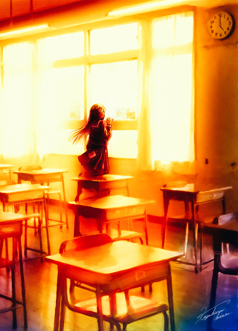 1girl arm_behind_back arm_support backlighting black_hair blurry chair classroom clock desk envelope food fruit hand_up indoors kazuharu_kina letter long_hair looking_at_viewer looking_back orange original scenery school_desk signature sketch solo sunlight sunset wind window wooden_floor