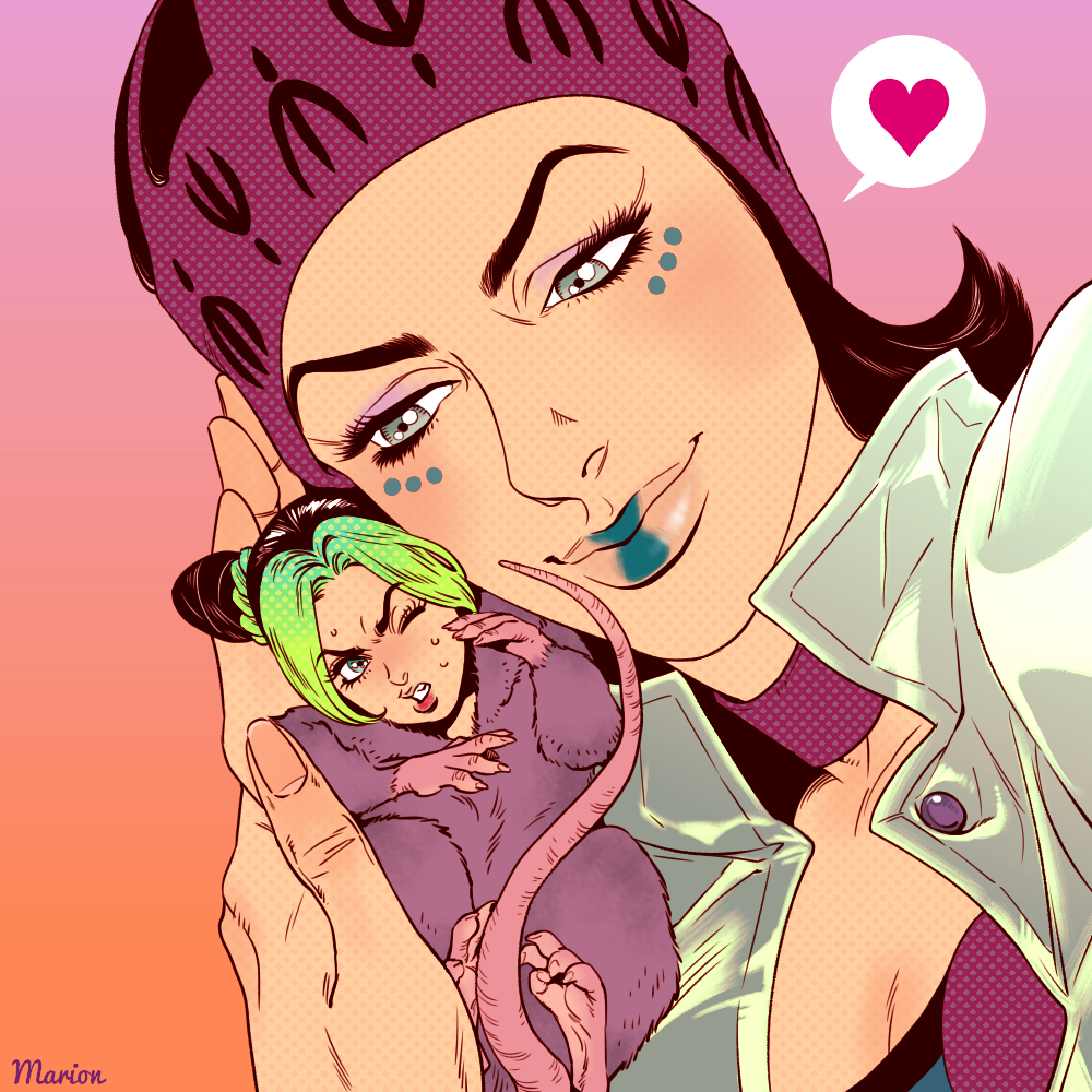 2girls animal_costume artist_name black_hair blue_eyes blue_lipstick braid breasts cleavage clenched_teeth double_bun gradient gradient_background gradient_hair green_hair grey_eyes guess heart hug jacket jojo_no_kimyou_na_bouken kuujou_jolyne lipstick makeup marion-ville minigirl mouse_costume multicolored_hair multiple_girls one_eye_closed smile spoken_heart sweat teeth two-tone_hair