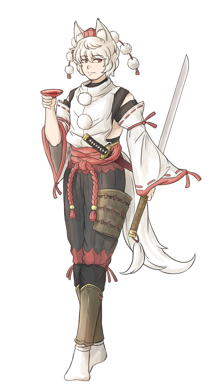 1boy alcohol animal_ears arm_at_side bare_shoulders cup detached_sleeves full_body genderswap genderswap_(ftm) hand_up hat highres holding holding_cup holding_sword holding_weapon inubashiri_momiji light_smile long_sleeves looking_at_viewer male male_focus pants pom_pom_(clothes) red_eyes ribbon-trimmed_sleeves ribbon_trim sakazuki sake selby sheath sheathed short_hair simple_background slit_pupils sword tail tokin_hat touhou walking weapon white_background white_hair wide_sleeves wolf_ears wolf_tail