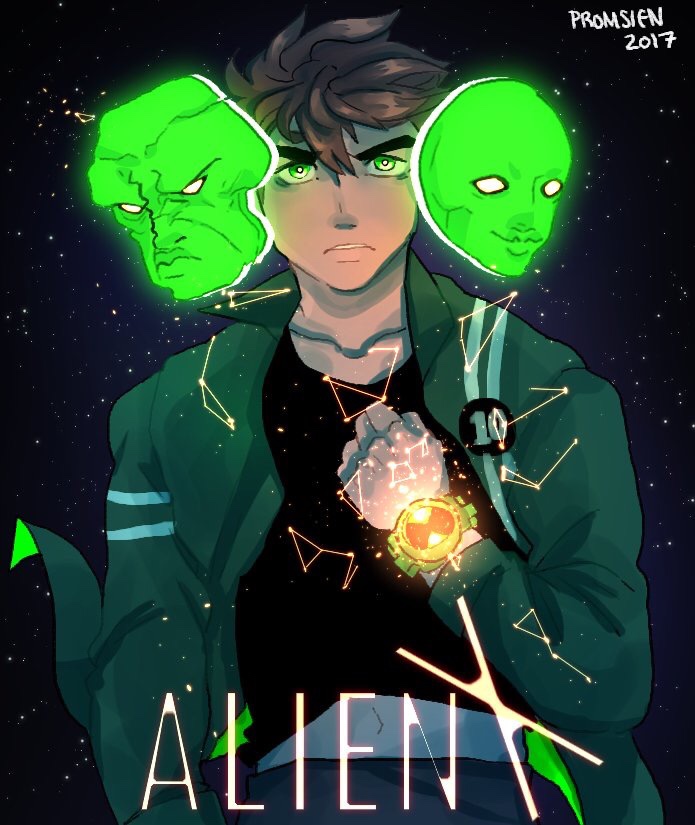 1girl 2boys alien_x_(ben_10) bellicus ben_10 ben_10:_alien_force benjamin_kirby_tennyson brown_hair cartoon_network glowing glowing_eyes green_eyes green_jacket jacket looking_at_viewer multiple_boys omnitrix serena_(ben_10) universe