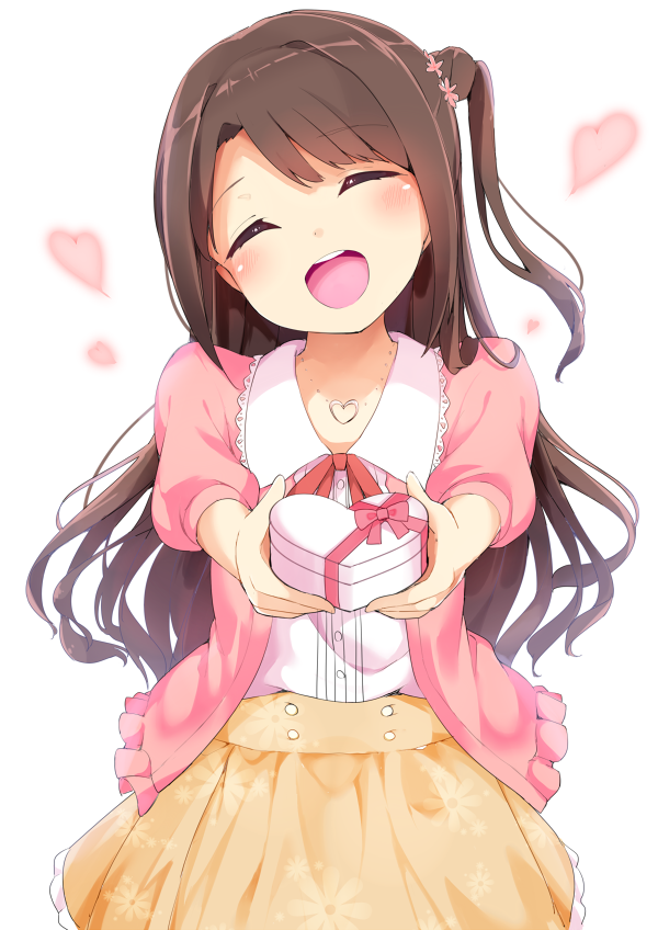 1girl :d ^_^ bangs blouse blush brown_hair cardigan chikuwa. closed_eyes eyebrows_visible_through_hair gift heart heart-shaped_box heart_necklace holding holding_gift idolmaster idolmaster_cinderella_girls incoming_gift long_hair looking_at_viewer one_side_up open_mouth shimamura_uzuki sidelocks simple_background skirt sleeves_past_elbows smile solo swept_bangs teeth upper_body valentine wavy_hair white_background white_blouse yellow_skirt