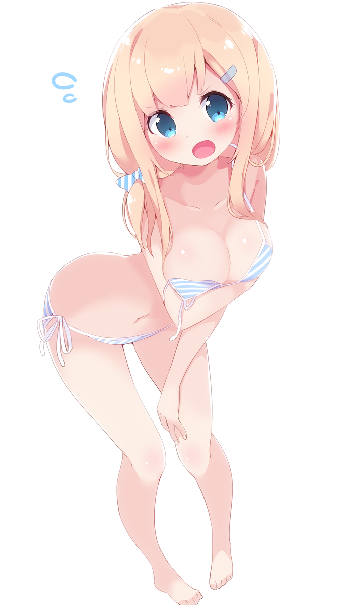 1girl bad_anatomy bangs bare_legs bikini blonde_hair blue_bikini blue_eyes blush breasts chikuwa. cleavage collarbone d:&lt; flying_sweatdrops hair_ornament hairclip hand_on_own_thigh highres leaning_forward long_hair looking_at_viewer low_ponytail medium_breasts navel open_mouth original pigeon-toed side-tie_bikini side_ponytail simple_background solo standing striped striped_bikini swimsuit tareme thighs white_background