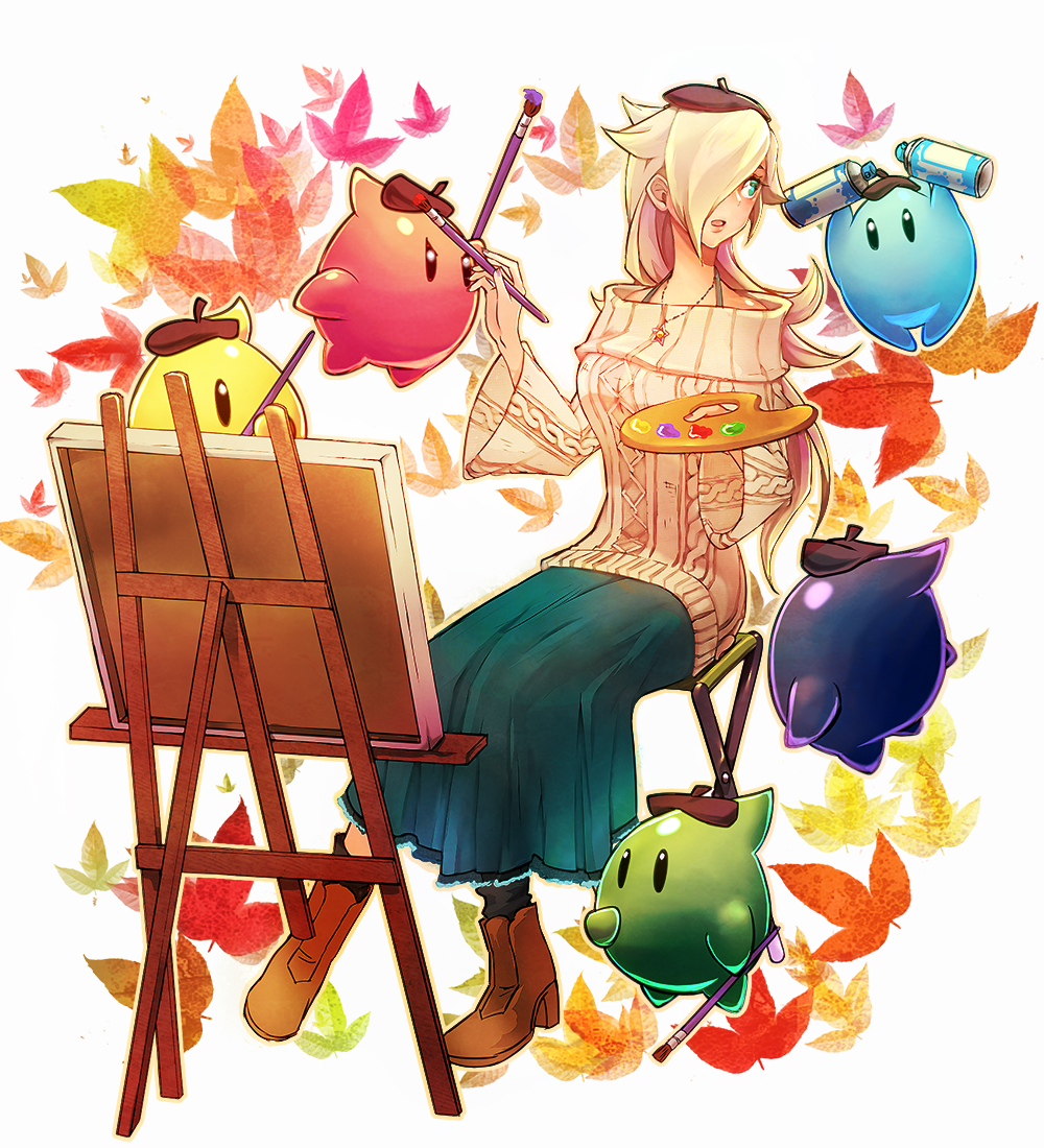 1girl art_brush blonde_hair blue_eyes blush canvas_(object) chiko_(mario) earrings full_body hair_over_one_eye jewelry long_hair long_skirt super_mario_bros. open_mouth paintbrush painting palette poo rosetta_(mario) skirt star super_mario_bros. super_mario_galaxy sweater