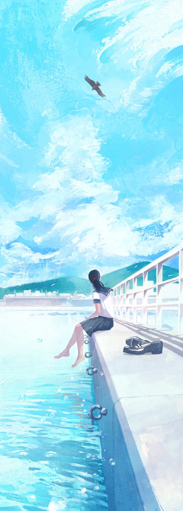1girl barefoot bird black_hair black_shoes blouse blue_sailor_collar blue_skirt building clouds cloudy_sky day from_side gemi highres knees_together_feet_apart loafers long_image looking_afar mountain ocean original pleated_skirt ponytail railing sailor_collar scenery shoes shoes_removed short_sleeves sitting skirt sky solo sunlight tall_image water water_drop white_blouse