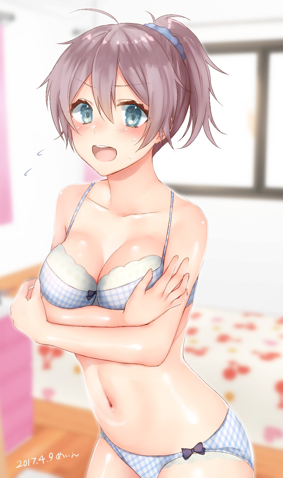 1girl ahoge aoba_(kantai_collection) bare_arms bare_shoulders blue_bra blue_eyes blue_panties blurry bra breasts cleavage commentary_request dated depth_of_field hair_between_eyes highres kantai_collection looking_at_viewer medium_breasts midriff navel open_mouth panties pink_hair plaid plaid_bra plaid_panties sakiryo_kanna short_ponytail thighs underwear underwear_only