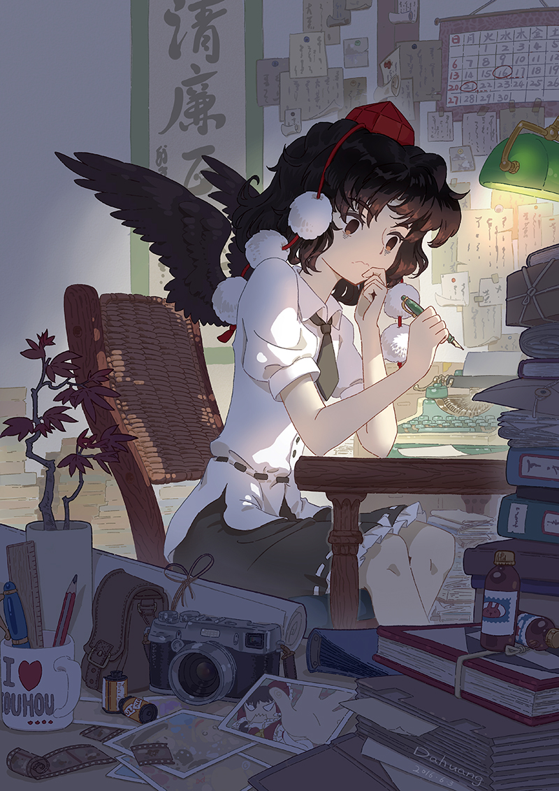 1girl alice_margatroid artist_name bags_under_eyes black_necktie black_skirt black_wings blouse book_stack bottle brown_eyes brown_hair calendar_(object) camera chair chin_rest commentary_request copyright_name cup dahuang dated desk_lamp film_cartridge film_strip folder fountain_pen hakurei_reimu hat holding holding_pen indoors kirisame_marisa lamp leaf looking_away maple_leaf mug necktie nervous pen pencil photo_(object) plant pom_pom_(clothes) potted_plant pouch puffy_short_sleeves puffy_sleeves revision ribbon-trimmed_clothes ribbon_trim ruler shameimaru_aya shirt short_hair short_necktie short_sleeves sitting skirt solo string table tokin_hat touhou typewriter wavy_mouth white_blouse wings writing