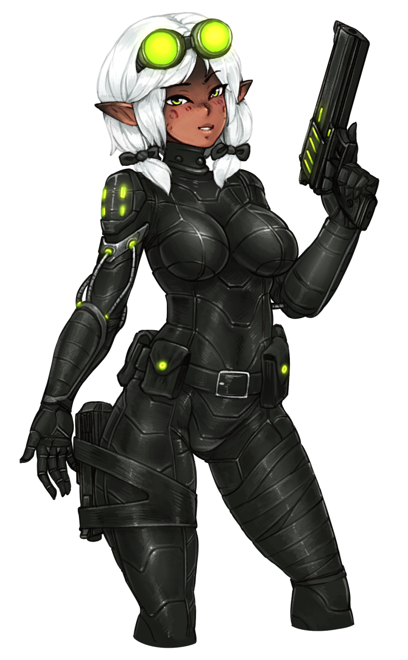 1girl barbariank belt belt_pouch bodysuit bow breasts commentary cropped_legs dark_skin facial_mark goggles goggles_on_head green_eyes gun hair_bow handgun highres looking_at_viewer original parted_lips pointy_ears raised_eyebrow short_hair skin_tight smirk solo standing transparent_background weapon white_hair