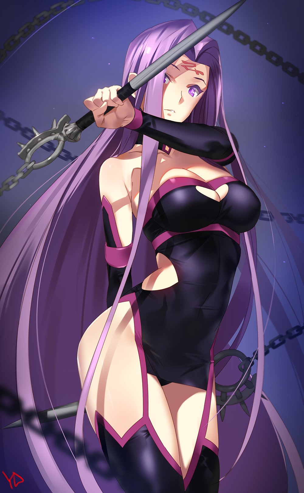 1girl absurdly_long_hair bare_shoulders breasts chains cleavage dagger elbow_gloves facial_mark fate/grand_order fate_(series) forehead_mark gloves highres large_breasts long_hair nameless_dagger purple_hair rider very_long_hair violet_eyes weapon yang-do