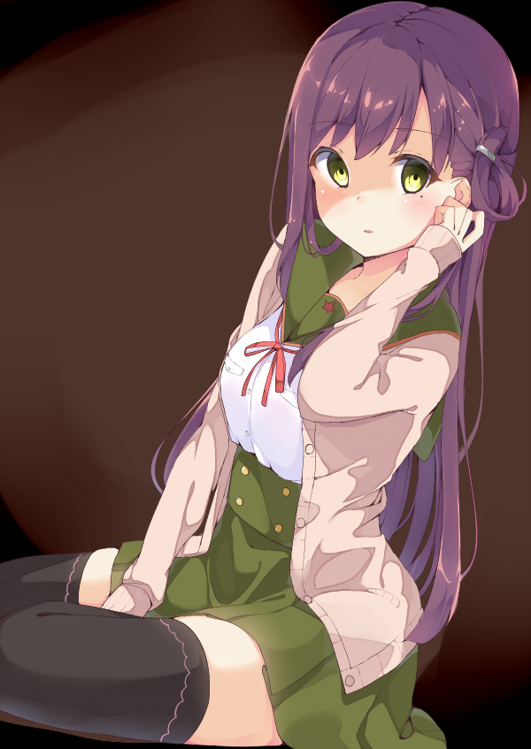 1girl black_legwear brown_background cardigan chikuwa. empty_eyes folded_hair gakkou_gurashi! hair_ornament hairclip long_hair looking_at_viewer mole mole_under_eye parted_lips purple_hair school_uniform shaded_face sitting solo thigh-highs wakasa_yuuri yandere yellow_eyes