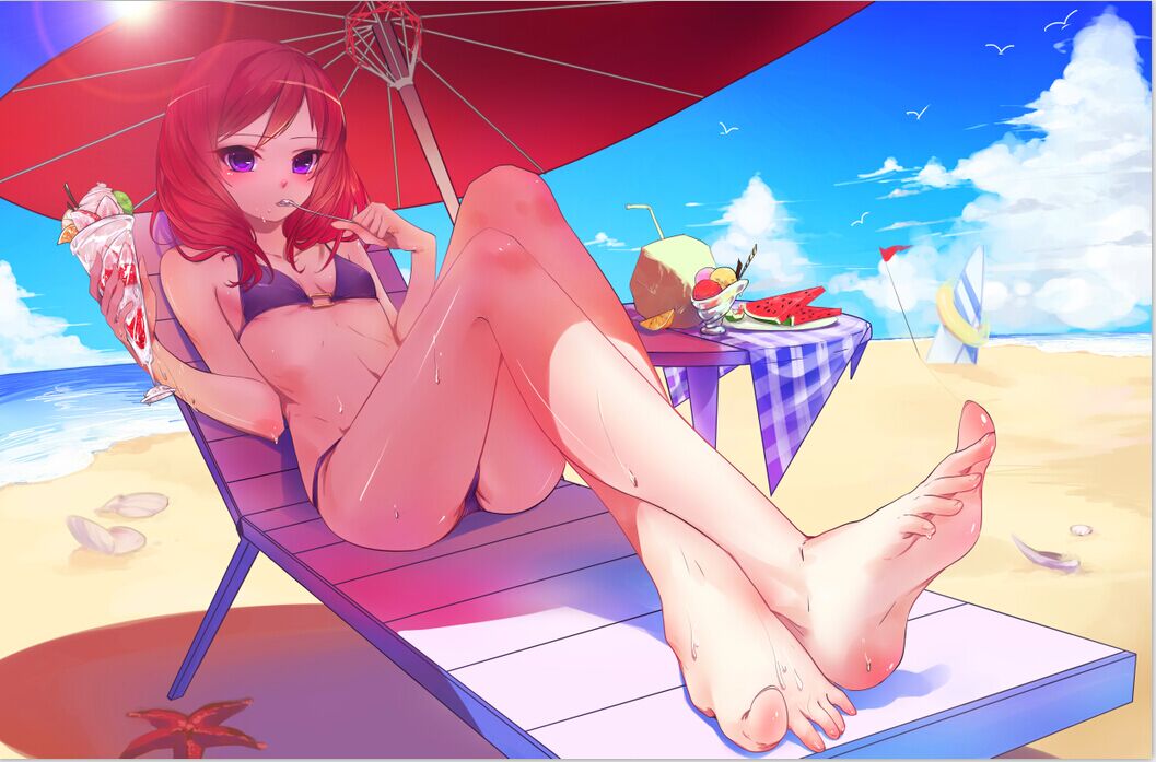 1girl airrabbityan bangs bare_arms bare_legs bare_shoulders barefoot beach beach_umbrella bikini blue_sky breasts chair clouds collarbone day eyebrows_visible_through_hair feet food fruit full_body holding holding_spoon knees_up lemon lemon_slice looking_at_viewer lounge_chair love_live! love_live!_school_idol_project midriff mouth_hold navel nishikino_maki ocean outdoors purple_bikini redhead sand short_hair sitting sky small_breasts soles solo surfboard sweat swimsuit toenails toes umbrella violet_eyes watermelon