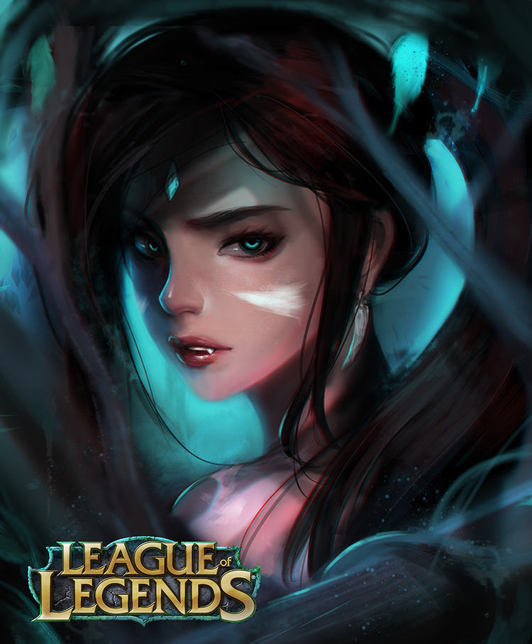 1girl bare_shoulders brown_hair chromatic_aberration copyright_name ear_piercing eyebrows eyelashes eyeshadow facial_mark fang fang_out from_behind green_eyes jewelry kyung_han_kim league_of_legends lips long_hair looking_at_viewer looking_back makeup nidalee nose piercing ponytail portrait revision ringed_eyes solo tribal