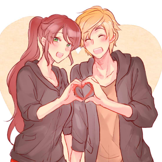 1boy 1girl black_jacket blonde_hair blush closed_eyes green_eyes happy heart_shape hood hoodie jacket jaune_arc pyrrha_nikos redhead rwby smile