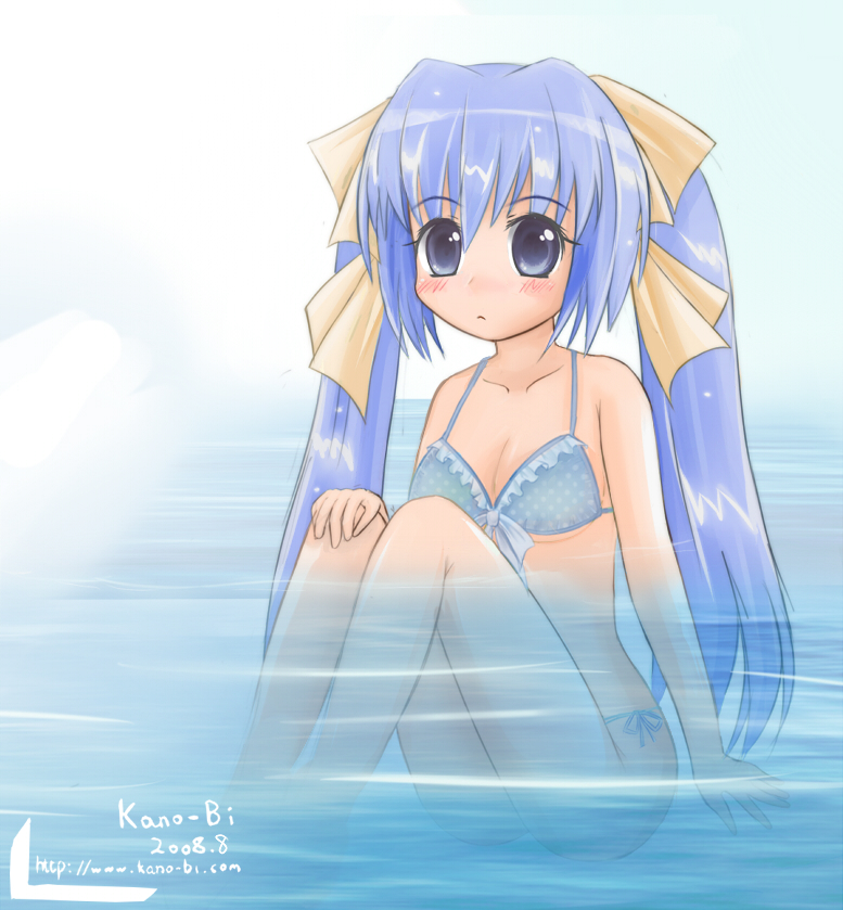 1girl 2008 bikini blue_hair blush bow deviantart kano-bi long_hair original partially_submerged solo twintails water