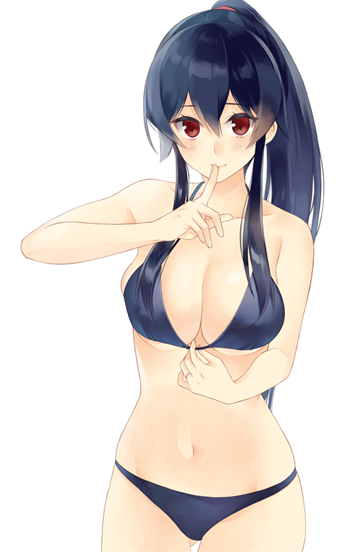 1girl ass_visible_through_thighs bikini bikini_pull black_hair blue_bikini blush breasts cleavage closed_mouth collarbone eyebrows_visible_through_hair finger_to_mouth hair_between_eyes ichinomiya_(blantte) jewelry kantai_collection large_breasts long_hair looking_at_viewer navel ponytail red_eyes ring sidelocks simple_background skindentation solo swimsuit under_boob wedding_band white_background yahagi_(kantai_collection)