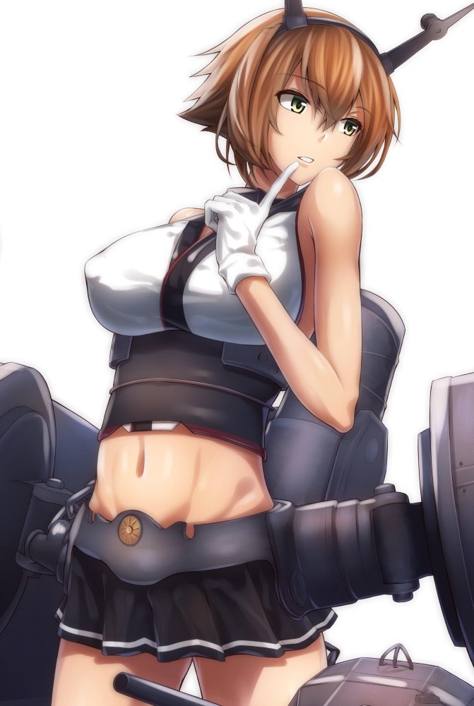 1girl arm_behind_back black_skirt breasts brown_hair erect_nipples eyebrows_visible_through_hair finger_to_mouth green_eyes hair_between_eyes headgear kantai_collection large_breasts matsunaga_garana miniskirt mutsu_(kantai_collection) navel parted_lips pleated_skirt rigging short_hair simple_background skirt smokestack solo standing striped striped_skirt turret white_background